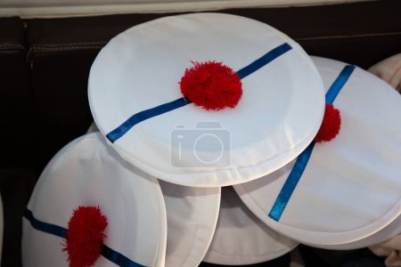 Photo for Sailor beret with red pom-pom Nautical cap marines hat white and blue marine line - Royalty Free Image