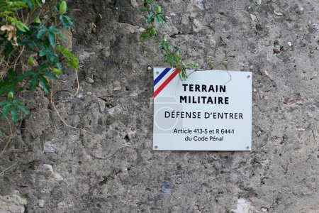 Photo for Bayonne , Aquitaine  France - 11 01 2022 : french terrain militaire board logo brand and france text sign means no entry military ground place entrance prohibited - Royalty Free Image