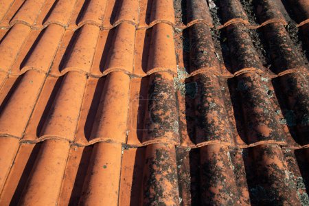 Téléchargez les photos : Comparaison toit avant et après le nettoyage lichen mousse avec brosse - en image libre de droit
