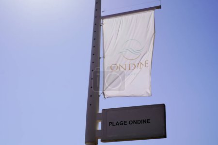Photo for Cannes , paca  France - 08 09 2022 : plage ondine sign brand and text logo on flag beach club at the Croisette in Cannes - Royalty Free Image