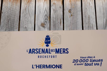 Photo for Rochefort , Aquitaine  France - 11 12 2022 : arsenal des mers Hermione brand logo and text sign Lafayette wooden old frigate boat ancient new vessel in Rochefort - Royalty Free Image