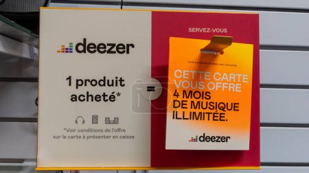 Photo for Bordeaux , Aquitaine  France - 12 05 2022 : Deezer advertising french sign brand and logo text in shop of music streaming app platform - Royalty Free Image