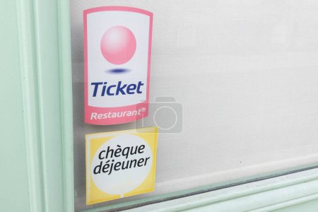 Photo for Bordeaux , Aquitaine  France - 12 05 2022 : Ticket Restaurant brand cheque dejeuner lunch voucher  restaurant logo and text sign front of windows door of restaurant bar entrance - Royalty Free Image