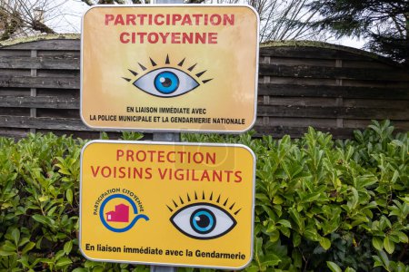 Photo for Bordeaux , Aquitaine France - 12 12 2022 : protection voisins vigilants and participation citoyenne french sign text logo Neighbourhood Watch area yellow eye sign - Royalty Free Image