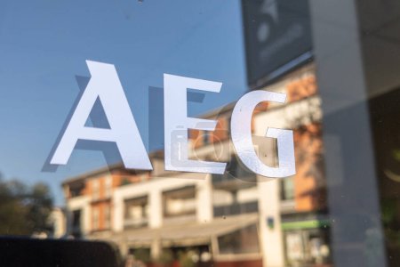 Photo for Bordeaux , Aquitaine France - 12 12 2022 : AEG electronic corporation logo brand shop and text sign on multinational home appliance manufacturer - Royalty Free Image
