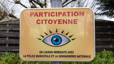 Photo for Bordeaux , Aquitaine France - 12 12 2022 :  participation citoyenne french sign logo Neighbourhood Watch area yellow eye brand text citizen participation - Royalty Free Image