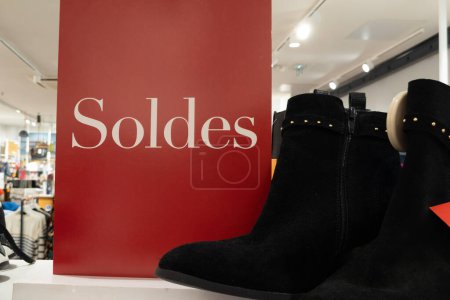 Photo for Soldes french text means sale sign in women shoes store - Royalty Free Image