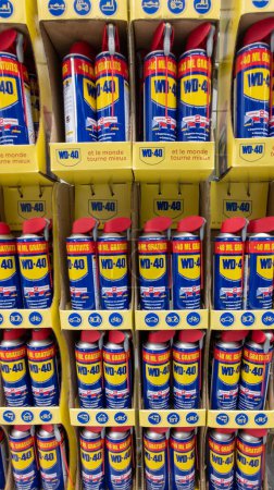 Photo for Bordeaux , Aquitaine  France - 20 01 2023 : WD-40 logo brand and text sign wd40 penetrating oil and water-displacing spray on a store shelf cans - Royalty Free Image