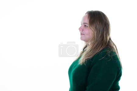 Téléchargez les photos : Young blonde woman curvy looking profile side cheerful on white background - en image libre de droit