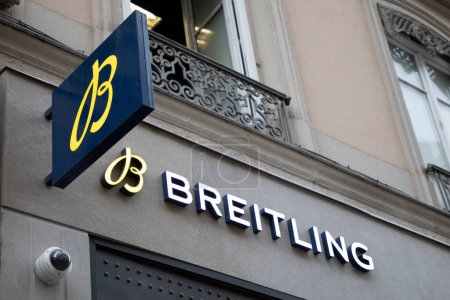 Lyon , Aura France - 05 01 2023 : Breitling logo brand facade and text sign swiss watches wall shop jewelry store wall boutique