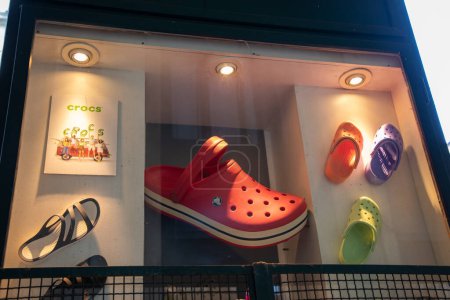 Photo for Milan , Italy  - 07 10 2023 : crocs text sign and logo brand front facade boutique chain American footwear company store manufactured foam clog plastic shoes shop - Royalty Free Image