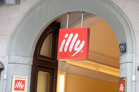 Photo for Milan , Italy  - 07 05 2023 : Illy coffee shop red sign logo cafe Italian coffee makers text brand on street store entrance - Royalty Free Image