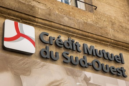 Bordeaux , Aquitaine  France -  07 10 2023 : credit mutuel du sud-ouest logo text and brand sign on entrance french southwest bank office on building agency facade