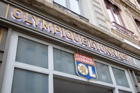 Photo for Lyon ,  France -  08 01 2023 : Olympique Lyonnais logo text and sign brand on facade boutique in Lyon OL Football club biggest one of the French city of Lyon - Royalty Free Image