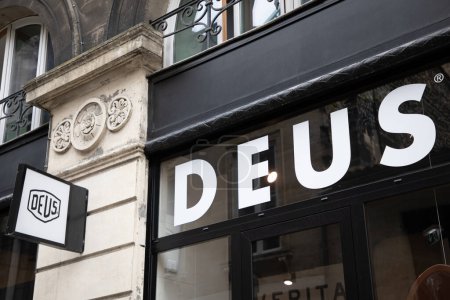 Photo for Bordeaux , France -  08 01 2023 : Deus Ex Machina brand logo and sign text entrance boutique fashion clothes motorbike concept coffee store - Royalty Free Image