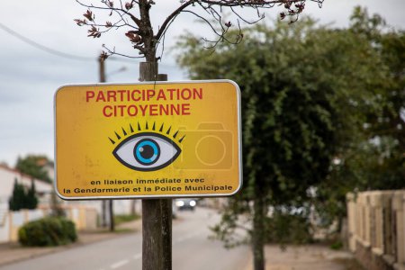 Photo for Bordeaux , France - 10 06 2023 : participation citoyenne french sign logo Neighbourhood Watch area yellow eye brand text - Royalty Free Image