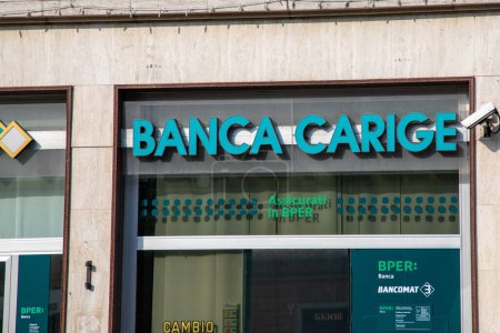 Photo for Milan, ITALY - 10 21 2023 : Banca Carige bank logo brand and text sign in the center of Milan Italy - Royalty Free Image