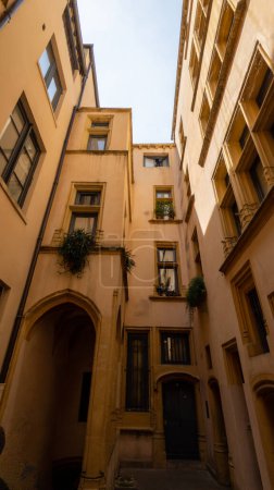 Photo for Secret interior old lyon traboule arch stairs ancient architecture access as shortcuts in lyon city france - Royalty Free Image