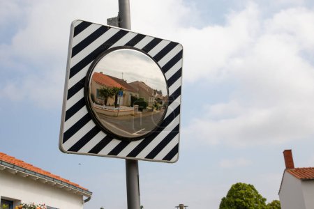Photo for Traffic Curved Convex Wide Angle road Mirror driveway on pole street - Royalty Free Image