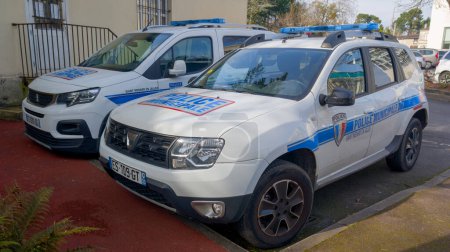 Photo for Bordeaux , France -  02 12 2024 : police municipale peugeot partner dacia duster french Municipal police in Saint medard en jalles logo text and sign brand on white car - Royalty Free Image