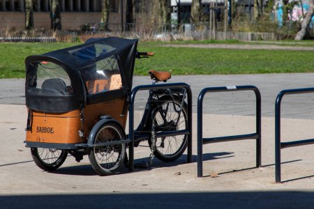 Téléchargez les photos : Bordeaux, France - 03 12 2024 : Babboe marque de logo et de texte sur Curve Cargobike Plusieurs vélos cargo pour chiens devant un magasin de vélos - en image libre de droit