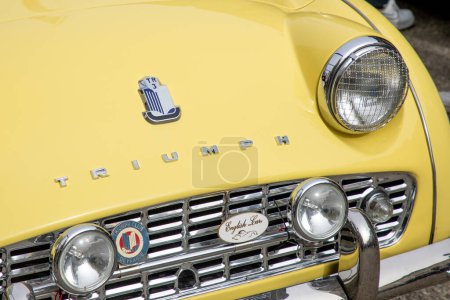 Téléchargez les photos : Bordeaux, France - 04 08 2024 : Triumph TR 3 logo marque et texte signe avant vert vintage voiture tr3 oldimer convertible - en image libre de droit