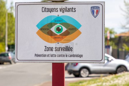 Photo for Bordeaux , France -  04 08 2024 : citoyens vigilants french text and sign logo of assocition Neighbourhood Watch area eye brand with police municipale help - Royalty Free Image