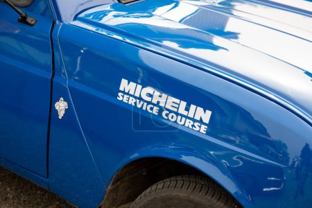 Photo for Bordeaux , France -  04 08 2024 : Michelin text brand and logo sign on 4l renault 4 r4 assistance vehicle rally side car of tire manufacturer sport vehicle - Royalty Free Image
