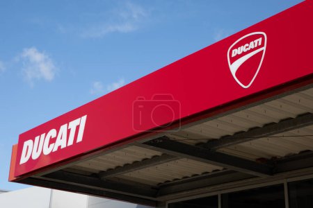 Photo for Bordeaux , France -  04 29 2024 : Ducati logo sign and brand text of italian motorcycle manufactured store dealership motorbike shop facade - Royalty Free Image