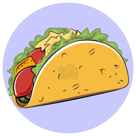  Una vibrante ilustración vectorial de un taco tradicional con una concha de tortilla de harina llena de lechuga, tomates y otros ingredientes, mostrando los sabores y texturas clásicos de la cocina mexicana.