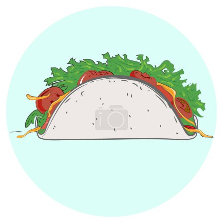  A vibrant vector illustration of a traditional taco with a flour tortilla shell filled with lettuce, tomatoes, and other toppings, showcasing the Mexican cuisine staple's classic flavors and textures