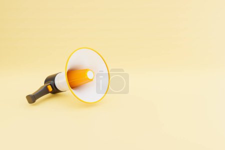 Téléchargez les photos : Haut-parleur amplifié ou mégaphone hor MegaFon noir, blanc et or est une icône annonce haut-parleur maquette sur un fond blanc et jaune montrant une illustration 3d - en image libre de droit