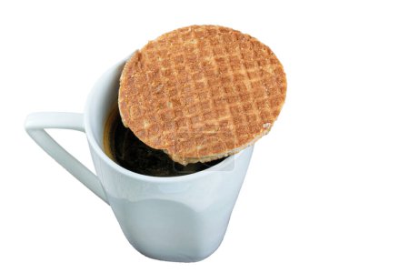 Photo for One stroopwafel cookie with cup of coffee_white background. - Royalty Free Image