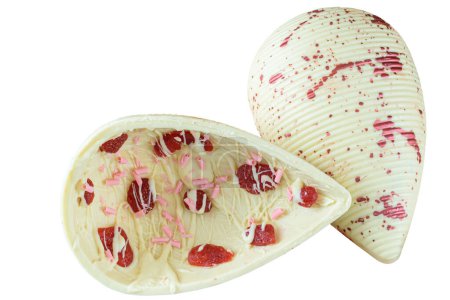 Photo for White chocolate Easter egg with candied strawberries_top view. - Royalty Free Image