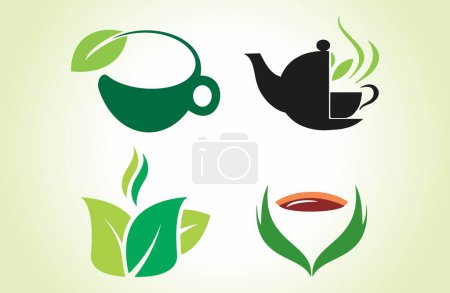 Téléchargez les illustrations : Modèle de conception de thé, de feuilles et de logo alimentaire. Ces icônes de logo s'intègrent à la forme abstraite de manière créative. - en licence libre de droit