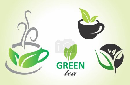 Téléchargez les illustrations : Modèle de conception de thé, de feuilles et de logo alimentaire. Ces icônes de logo s'intègrent à la forme abstraite de manière créative. - en licence libre de droit