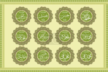 Ilustración de Caligrafía islámica religiosa de 12, Doce Imán musulmán, Ahle Bayt Rasool (SAWW), Nombres familiares del Profeta Muhammad (SAWW). Typography Vector Pack. Apto para diseños de Muharram, Ashura y Arbaeen - Imagen libre de derechos