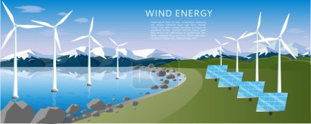 Illustration for Windmills on the water near the beach, mountains and rocks. Renewable, alternative wind energy concept. Vector illustration, flat style - Royalty Free Image