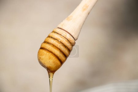 Foto de Primer plano de un cazo de miel goteando con miel - Imagen libre de derechos