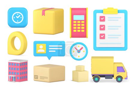 Commercial shipment business cargo delivery postal service set 3d icon realistic vector illustration. Shipping freight post cardboard box storage time to do list e money payment truck transportation