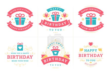 Happy birthday vintage label and badge set for greeting card emblem design vector flat illustration. Holiday festive congratulations old fashioned decor sign birth anniversary best wishes message