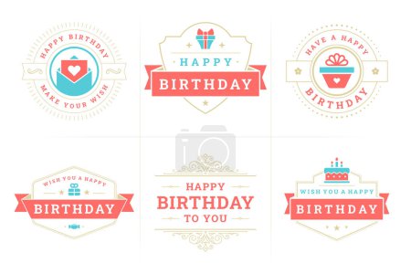 Happy birthday vintage ornate emblem and badge set for greeting card design vector flat illustration. Birth anniversary holiday congratulations festive label old fashioned message best regards