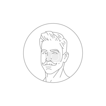 Téléchargez les illustrations : Barber shop mode homme coiffure moustache cercle cadre ligne vintage logo vectoriel illustration. Barbershop homme homme toilettage salon de beauté coiffure coiffure coiffure service de rasage icône - en licence libre de droit
