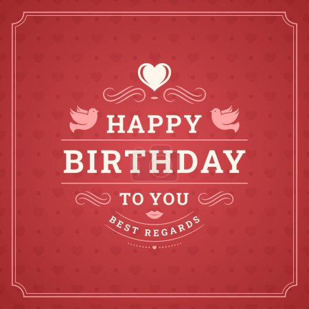 Happy birthday best regards vintage red greeting card typographic template vector flat illustration. Anniversary birth holiday celebrate romantic heart dove curved ornate classic antique frame design