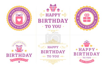 Happy birthday gift box purple vintage emblem and badge set for greeting card design vector flat illustration. Birth anniversary holiday festive luxury curved ornate romantic present with ribbon