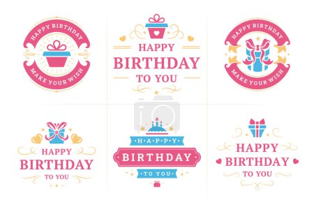 Happy birthday holiday pink vintage emblem and badge set for greeting card design vector flat illustration. Anniversary birth festive congratulations best wishes gift box romantic heart curved ornate