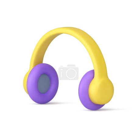 Ilustración de Auriculares auriculares música púrpura dispositivo de escucha equipo de audio icono 3d ilustración vectorial realista. Radio musical de radiodifusión estéreo tecnología electrónica DJ bass beat gadget para las orejas de cabeza - Imagen libre de derechos