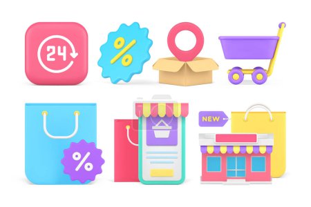 Online-Shopping Internet-Bestellung immer verfügbar Markise Shop Kauf Set 3D-Symbol realistische Vektor-Illustration. Cyberspace E-Commerce Einzelhandel Smartphone-Anwendung Lebensmittel Supermarkt Waren