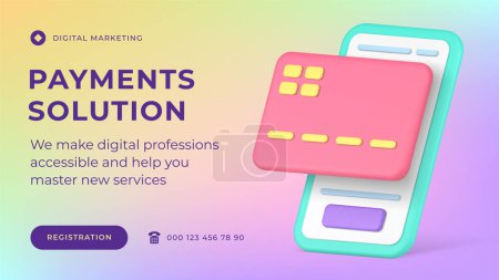 Digital payment marketing solution banking smartphone app social media banner 3d icon vector illustration. Wireless internet pay contactless e money transfer electronic cashless mobile technology