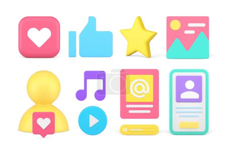 Multimedia cyberspace social media network internet communication content set 3d icon realistic vector illustration. Online chat like button vlog blog digital music video play account smartphone app